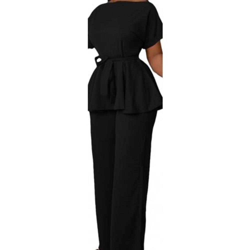 Ekaliy Women's Black 2 Piece Dress Suit Set Belted Top Flare Pants Plus Size 2XL
